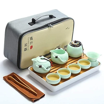 Image de fanquare Portable Kungfu Service à Thé Chinois, Ensemble de Fait Main, Théière en Porcelaine, Tasses Thé, Plateau Bambou et Un Sac pour Voyage, Vert