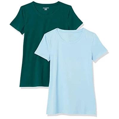 Image de Amazon Essentials T Shirt Col Rond à Manches Courtes Coupe Classique Femme, Lot de 2, Bleu Poudré/Vert Foncé, XS