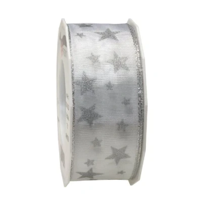 Image de Präsent Arktis Ruban en Taffetas renforcé de Fil Fer Motif étoilé Argenté/Blanc 40 mm x 20 m