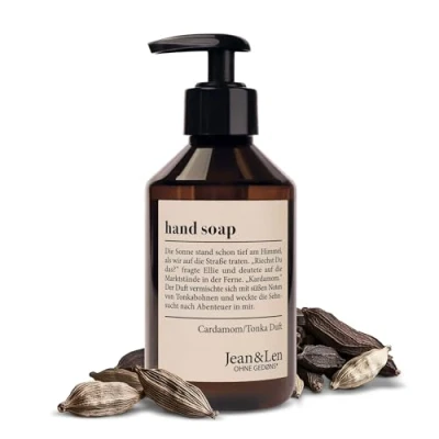 Image de Jean &amp; Len savon pour les mains Cardamome Tonka, nettoie abîmées, convient un usage quotidien, liquide en distributeur à pompe, parfum exotique et épicé, végétalien, 250 ml