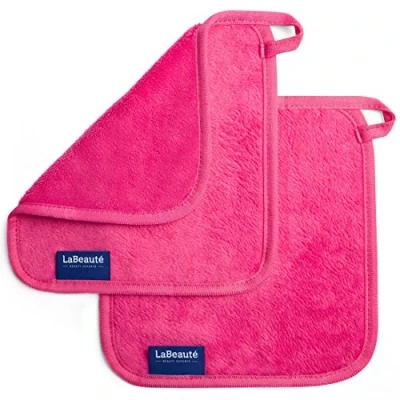 Image de LaBeauté Serviettes microfibres démaquillantes visage (2 pièces) Nettoyantes et Lingettes lavables réutilisables (21 x 21 cm, rose)
