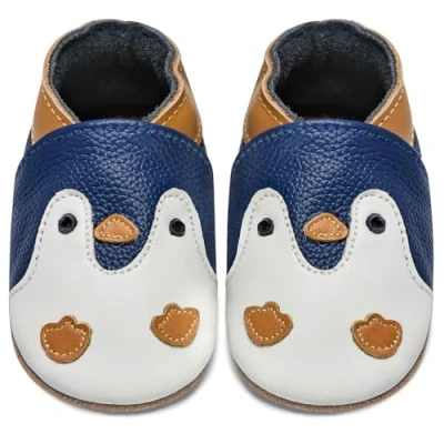 Image de IceUnicorn Chausson Cuir Bébé Bebe Chaussons Souple Fille Garçon Premiers Pas Mignon 0 6 Mois 3 Ans(Pingouin Bleu, 18 24 Mois)