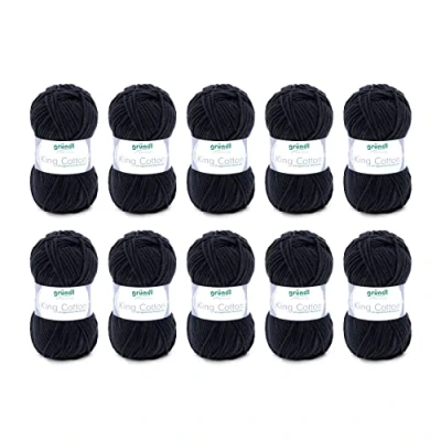 Image de Gründl King Cotton (fil à tricoter et crocheter doux volumineux composé de 55% polyacrylique 45% coton, 50 g / 78 m, taille d&#039;aiguille : 6 7, 10 x g), Noir