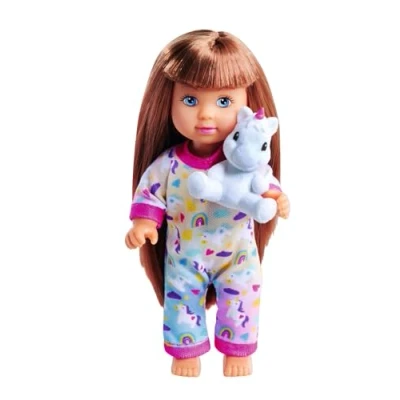 Image de Simba 105733685 Evi Love Compartiment Assorti, Un Seul Article est livré, poupée dans Joli Pyjama avec Peluche Licorne, de 12 cm, à partir 3 Ans