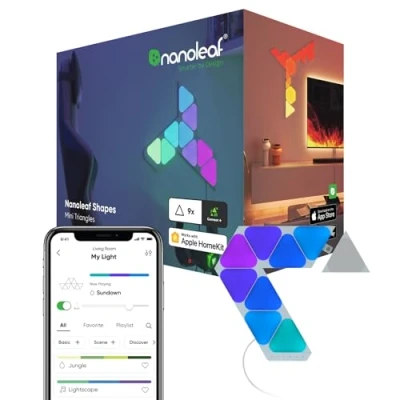 Image de Nanoleaf Shapes Mini Triangle Kit de Démarrage, 9 Panneaux Lumineux LED Connectés Appliques Murales Luminaires Intérieur Modulaires RGBW Wi Fi, Compatible Alexa, pour Salon Chambre ou Bureau Gaming