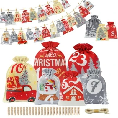 Image de Calendrier de L avent vide a Remplir Soit Meme,Kit l&#039;avent DIY Tissu,24 Pochette pour Enfants,Sac Cadeau Noel faire soi meme idées