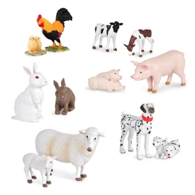 Image de Terra by Battat AN6044BZ Set de 6 Paires Figurines Collection Animaux la Ferme Vaches Moutons Lapins Coq Poussins Dalmatiens Cochons 12 pièces Dès 3 ans