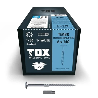 Image de TOX vis TIMBR TK 6,0 x 140 mm, zinguées bleues avec tête plate, TX30, pour un vissage facile et une capacité de charge élevée dans la construction en bois, 100pcs, compris 1x embout, 1120804160140