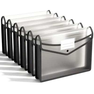Image de Pochette Plastique A4, 6 Pcs Enveloppe Transparente Chemise à Bouton Pression Polypropylène Porte Document Extensible Fichier Document, Premium Poly Poches avec Cartes de Visite