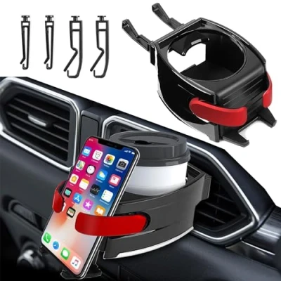 Image de WDEC Support de Téléphone 2 en 1 pour Grille D&#039;aération et Boissons, Universel Bouteille Gobelet, Portable Voiture, avec 3 Paires Crochets Interchangeables