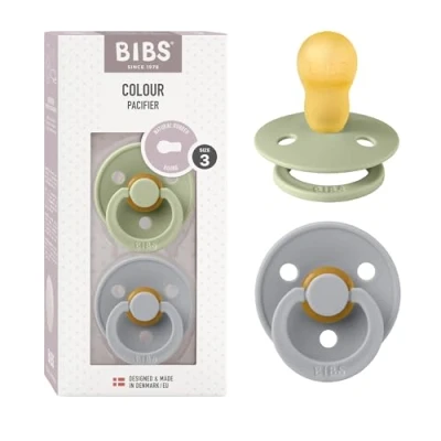 Image de Tétine BIBS Colour. Lot de 2 sucettes. Sans bisphénol A, Téterelle ronde. Latex caoutchouc naturel, Fabriqué au Danemark, Taille 3 (plus 18 mois), Sage/Cloud