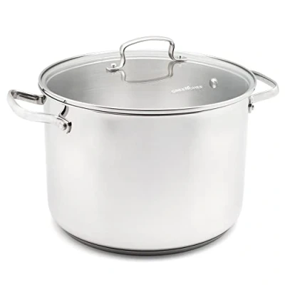 Image de GreenChef Profile Plus Faitout en Céramique Antiadhésive Saine Acier Inoxydable de 24cm/7,6 Litre avec Couvercle Verre Trempé, Convient à l&#039;induction, Robuste, Va au four jusqu&#039;à 200˚C, Argent