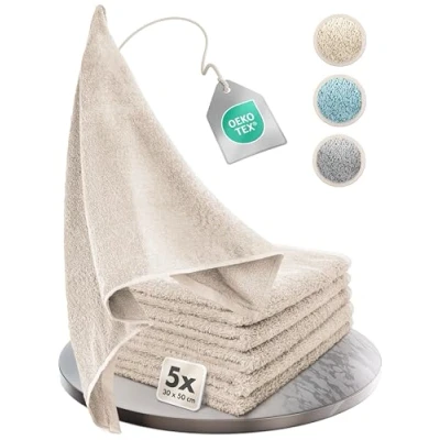 Image de Homewell Set de Serviettes moelleuses et si absorbantes 100% Coton certifiées Oeko Tex 100 (5 pour invités 30x50 cm, Beige)