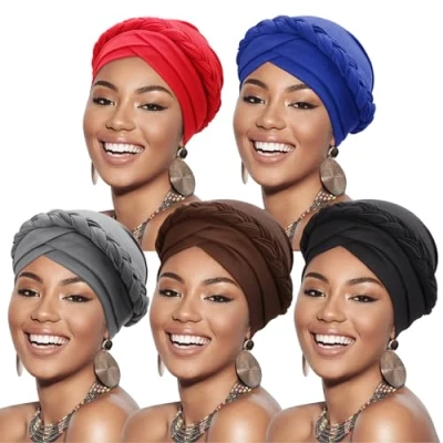 Image de DRESHOW Femmes Africaine Turban pré noués Tresse Torsadée Bonnet Chimio Casquette de Perte Cheveux Chapeau, Taille unique, 5 pcs twisted braid: Solid Color Set F09