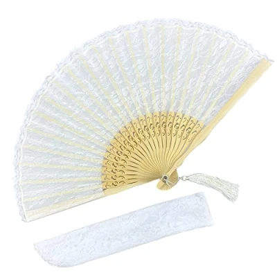 Image de Eastern Wind evantail pliant à la main en bambou dentelle blanc，inclure une pochette dentelle，eventail japonais éventail chinois eventail mariage 22cm