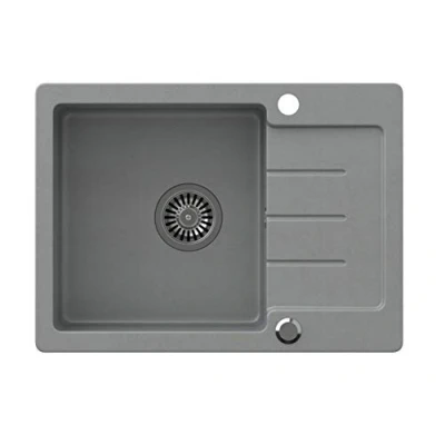 Image de VBChome Évier composite Gris 60 x 44 cm Granit Montage simple Moucheté Réversible Avec siphon