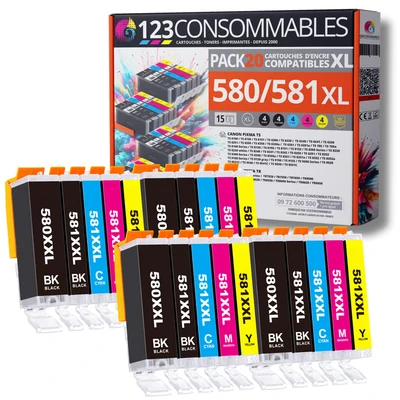 Image de 123CONSOMMABLES 580XXL 581XXL Cartouches d&#039;encre Compatible avec Canon 581 580 XXL pour TS8150 TS6150 TS8250 TS6151 TR8550 TR7550 TS8151 TS9150 (8 Noir / 4 Cyan Magenta Jaune) Neuf