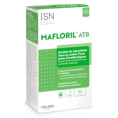 Image de ISN Mafloril® ATB Complément alimentaire 2 souches spécifiques de probiotiques Soutien nutritionnel en cas prise d&#039;antibiotiques Sans Gluten Cure 10 jours