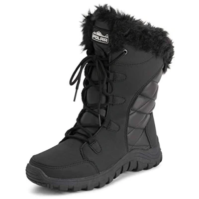 Image de Polar Femmes Matelassée Fausse Fourrure L&#039;hiver Canard Semelle En Caoutchouc Durable Neige Pluie Extérieure Bottes Noir Cuir UK5/EU38 YC0654