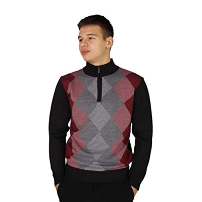Image de Pierre Cardin Hommes Pull en Maille Argyle Diamant à Col Haut avec Fermeture Éclair (Style 6 Burgundy, 2XL)