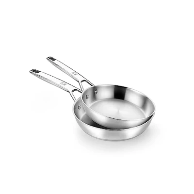 Image de BRA Signature Lot de 2 Poêles en Acier Inoxydable 18/10 Professionnel sans Revêtement Antiadhésif, Triple Fond Diffuseur, Tous Feux dont Induction, Finition Polie Brillante, 24 28 cm