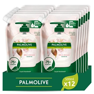 Image de Palmolive Lot de 12 recharges savon liquide pour les mains Naturals Lait et Amande, soin mains, 500 ml