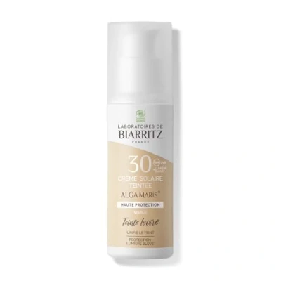 Image de Laboratoires de Biarritz Crème Solaire Visage Teintée Ivoire SPF30 ALGA MARIS® Certifiée Bio Protection Anti UVA/UVB et Lumière Bleue 50 ml Fabriquée en France (Étui Allemand Espagnol)