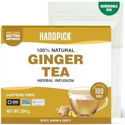 Image de HANDPICK Thé aux Herbes au Gingembre 100 Sachets Ronds Écoresponsables Sans Caféine &amp; Non OGM Racine de Pure Saveur Douce et Épicée Scellé Sous Vide pour la Fraîcheur