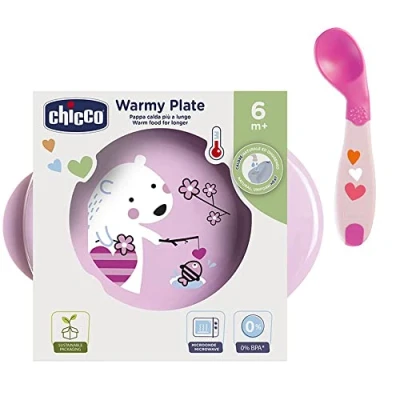 Image de Chicco Kit de démarrage pour nourrissons, assiettes maintien au chaud, cuillère d&#039;apprentissage coudée, sans BPA