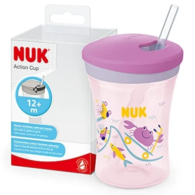 Image de NUK Action Cup Gobelet pour enfant de 12 mois et plus, 230 ml, couvercle à visser avec paille souple, anti fuite, sans BPA, crabe violet