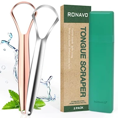 Image de Lot de 2 gratte Langue en acier inoxydable pour adultes, guérit la mauvaise haleine, langues une haleine fraîche quelques secondes (2 Color, inclus Étui pratique)