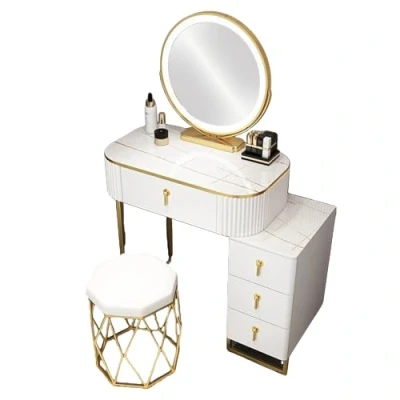 Image de Coiffeuse, Coiffeuse avec Tabouret rembourré et Miroir LED, Grands tiroirs, Commode de Chambre Moderne en Bois pour à Coucher, Table Maquillage Bureau Blanche White,70cm