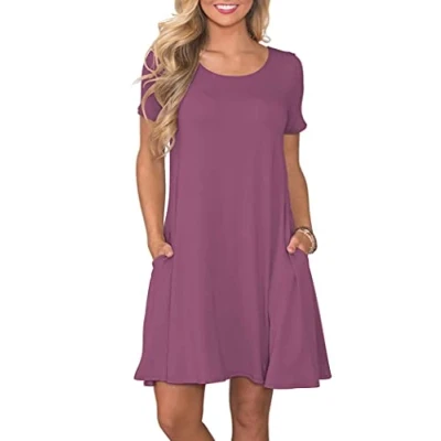 Image de AUSELILY Femmes Robes D&#039;été à Manches Courtes Décontracté T Shirt Robe Ample Courte avec Poches Bleu Marine S