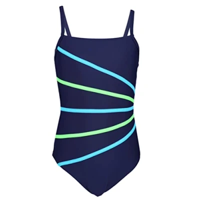 Image de Aquarti Maillot de Bain Natation Une Pièce pour Fille Bandes, Bleu Foncé/Néon Vert/Bleu Clair, 170