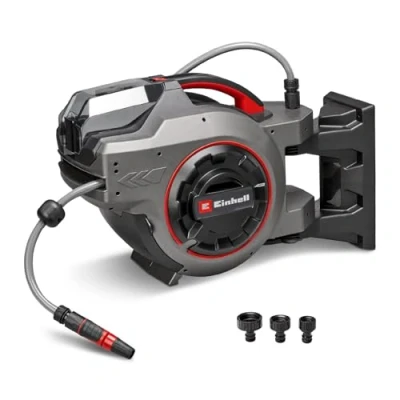 Image de Einhell Enrouleur de tuyau sans fil GE HR 18/30 1 Li Solo Power X Change (18 V, mécanisme d’enroulement automatique, pivote jusqu’à 180, d’arrosage 30 m et buse pulvérisation, batterie)