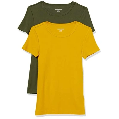 Image de Amazon Essentials T Shirt Col Rond à Manches Courtes Coupe Ajustée Femme, Lot de 2, Or/Vert Olive, XS
