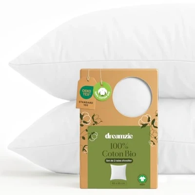 Image de Dreamzie 100% Coton Biologique Taie Doreiller 65x65 cm Bio Lot de 2 Blanc d&#039;oreiller avec Fermeture Éclair Oeko Tex