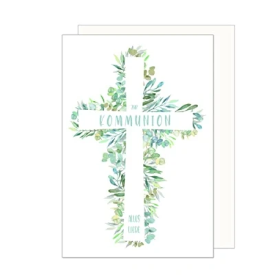 Image de Edition Seidel Carte de vœux qualité supérieure Pour communion Avec enveloppe Croix Branches vertes garçon et fille (KO281 SW023)