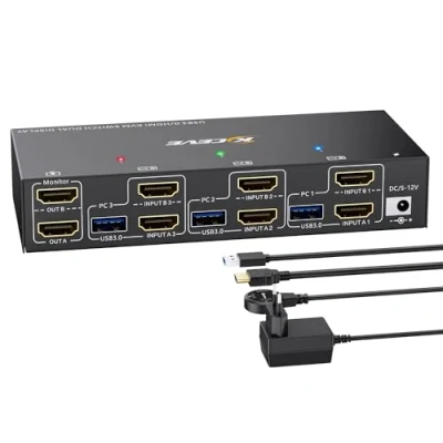 Image de Commutateur KVM HDMI USB 3.0 3 PC 2 moniteurs 4K @ 60Hz 2K 144Hz Simulation EDID, copie et affichage avancé, commutateurs ESKEVE pour ordinateurs qui se composent d&#039;un double moniteur de 4