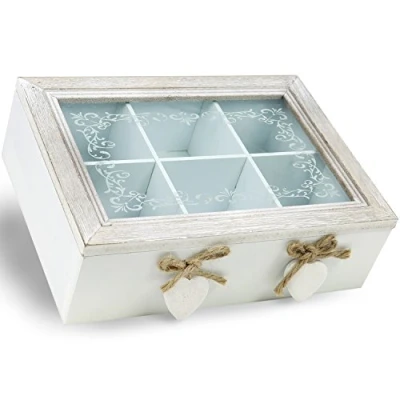 Image de com four® boîte de Rangement Design Vintage pour thé et sachets thé, à en Bois avec 6 Compartiments fenêtre Verre, 23,1 x 7,1 16,8 cm (1 pièce Coeurs Marron/Blanc)