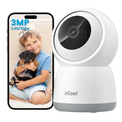Image de ieGeek 2K(3MP) Caméra de Surveillance WiFi Intérieure 5Ghz /2.4G, 360 Interieur Enregistrement 24/7, Vision Nocturne 15M, AI Détection Humaine, Suivi Auto, Compatible avec Alexa SC1
