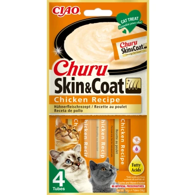 Image de INABA Churu Skin &amp; Coat Friandises pour Chats en Purée au Poulet Oméga 3 6 et Taurine Snacks Félins, Texture Onctueuse Nourriture Chats, Peau Pelage 4 Tubes x 14g
