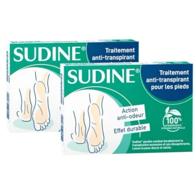 Image de SORIFA Lot de 2 Sudine Poudre Traitement Anti transpirant Pied Régule la transpiration Absorbe Prévient les mycoses Sans sels d’aluminium Fabriqué en France Boite 6 sachets doubles