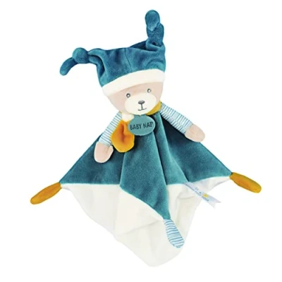 Image de BABY NAT&#039; Doudou Polochon Ourson Mignon Bleu Ours avec Bonnet de Nuit &amp; Imprimé Rayé Idée Cadeau Naissance Facile à Attraper Tout Doux pour les Câlins BN0739