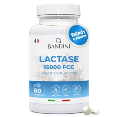 Image de Bandini® Lactase DEPOT 15000 FCC 80 Comprimés à libération prolongée (6 HEURES) Combat l&#039;Intolérance au Lactose et Lait Favorise la Digestion du Enzyme Digestive Végétal No OGM