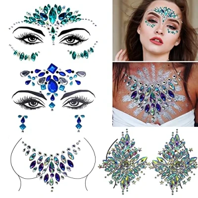 Image de DOMINICK 4 set Strass autocollant visage,Gemmes de Visage,Tatouage Temporaire visage Adhesif Bindi Bijoux Sein pour Femme Corps