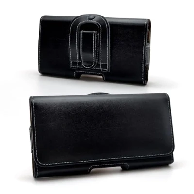 Image de Étui de Ceinture Pochette Téléphone Portable Holster, Sacoche Telephone Horizontal Cuir Véritable Compatible avec iPhone 16 15 14 13 12 Samsung Galaxy S23 S24 S10 Noir