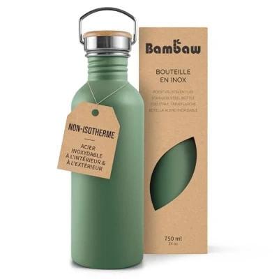 Image de Bambaw Gourde Inox 750 ml, Bouteille d&#039;Eau Verte, Sport Non Isotherme, Acier Inoxydable Reutilisable Vert Sauge