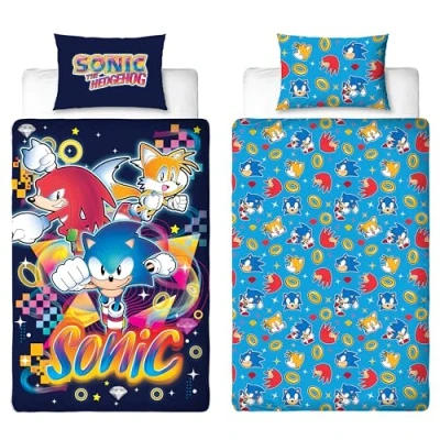 Image de Parure de lit simple avec housse couette Sonic le hérisson sous licence officielle réversible double face queues et phalanges taie d&#039;oreiller assortie Parfait pour