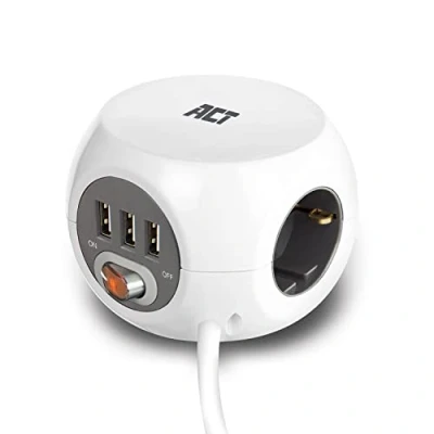 Image de ACT Powercube Cube Bloc multiprise avec USB, 3 Prises USB A (2,4 A/12 W) Interrupteur, Prise Prises, Tampon adhésif pour Cuisine, Bureau, Salon, Longueur du câble 1,5 m, Couleur Blanc